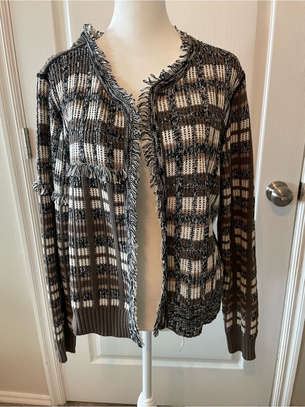 CAbi Plaid Fringe Open-Front Cardigan - Brown, Cream, Black